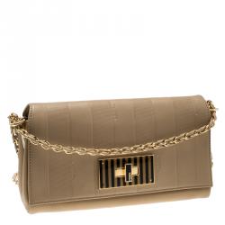 Pre Owned Fendi Beige Pequin Embossed Leather Small Claudia Shoulder Bag