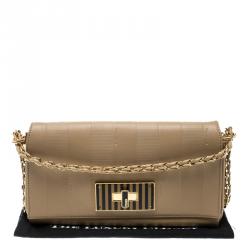 Pre Owned Fendi Beige Pequin Embossed Leather Small Claudia Shoulder Bag