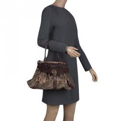 Pre Owned Fendi Black/Gold Croc Embossed Canvas Medium Magic Bag