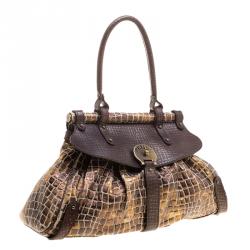 Pre Owned Fendi Black/Gold Croc Embossed Canvas Medium Magic Bag