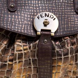 Pre Owned Fendi Black/Gold Croc Embossed Canvas Medium Magic Bag