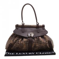 Pre Owned Fendi Black/Gold Croc Embossed Canvas Medium Magic Bag