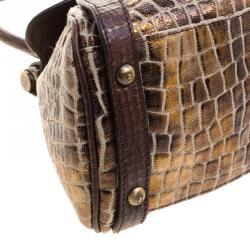 Pre Owned Fendi Black/Gold Croc Embossed Canvas Medium Magic Bag