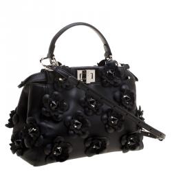 Pre Owned Fendi Black Leather Mini Peekaboo Allover Flowers Black Edition Top Handle Bag