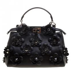Pre Owned Fendi Black Leather Mini Peekaboo Allover Flowers Black Edition Top Handle Bag