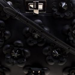 Pre Owned Fendi Black Leather Mini Peekaboo Allover Flowers Black Edition Top Handle Bag
