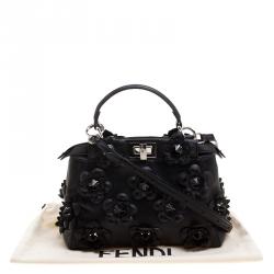 Pre Owned Fendi Black Leather Mini Peekaboo Allover Flowers Black Edition Top Handle Bag