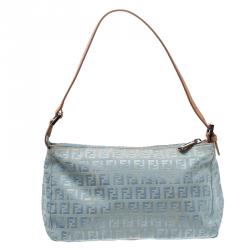 Pre Owned Fendi Blue Zucchino Canvas Shoulder Bag