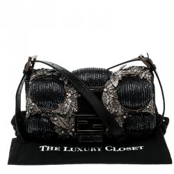 Pre Owned Fendi Black Beaded Embellishment Fabric Baguette Shoulder Bag