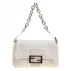 Pre Owned Fendi White Zucchino Coated Canvas Mama Forever Shoulder Bag