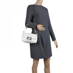 Pre Owned Fendi White Zucchino Coated Canvas Mama Forever Shoulder Bag