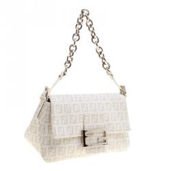 Pre Owned Fendi White Zucchino Coated Canvas Mama Forever Shoulder Bag