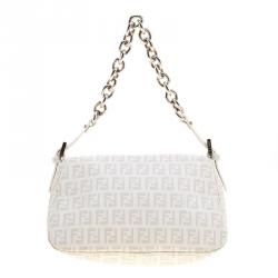 Pre Owned Fendi White Zucchino Coated Canvas Mama Forever Shoulder Bag
