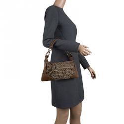 Pre Owned Fendi Brown Zucchino Canvas and Leather Front Pocket Shoulder Bag