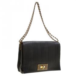 Pre Owned Fendi Black Leather Pequin Tonal Strip Shoulder Bag