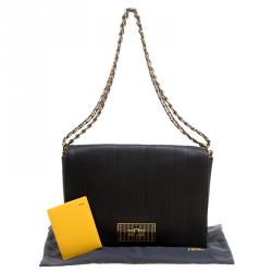 Pre Owned Fendi Black Leather Pequin Tonal Strip Shoulder Bag