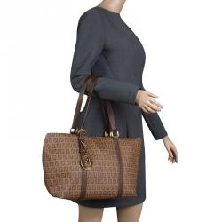 Pre Owned Fendi Brown Zucchino Coated Canvas Superstar Shopping Tote