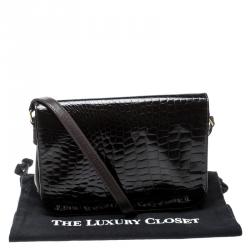 Pre Owned Fendi Dark Brown Crocodile and Leather Vintage Flap Shoulder Bag