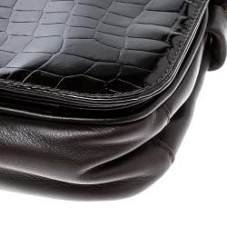 Pre Owned Fendi Dark Brown Crocodile and Leather Vintage Flap Shoulder Bag