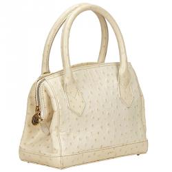 Pre Owned Fendi Ivory Ostrich Embossed Leather Satchel Bag