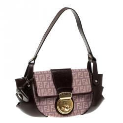 Pre Owned Fendi Purple/Brown Zucchino Canvas and Leather Shoulder Bag