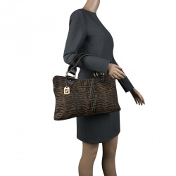 Pre Owned Fendi Tobacco Zucca Zebra Print Canvas Shopper Tote