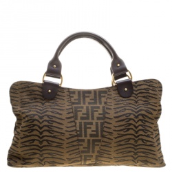 Pre Owned Fendi Tobacco Zucca Zebra Print Canvas Shopper Tote