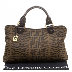 Pre Owned Fendi Tobacco Zucca Zebra Print Canvas Shopper Tote