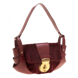 Pre Owned Fendi Burgundy Fur and Leather Borsa Tuc Shoulder Bag