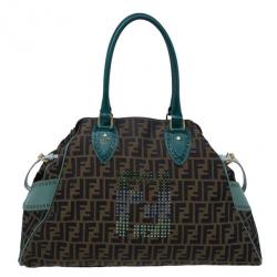 Pre Owned Fendi Tobacco Zucca and Green Trim Large Studded Du Jour Tote