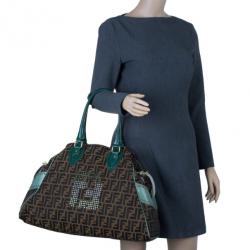 Pre Owned Fendi Tobacco Zucca and Green Trim Large Studded Du Jour Tote