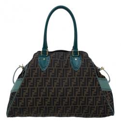 Pre Owned Fendi Tobacco Zucca and Green Trim Large Studded Du Jour Tote