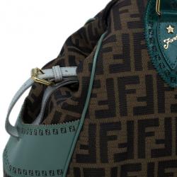 Pre Owned Fendi Tobacco Zucca and Green Trim Large Studded Du Jour Tote
