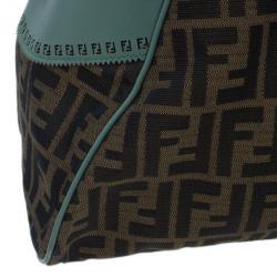 Pre Owned Fendi Tobacco Zucca and Green Trim Large Studded Du Jour Tote