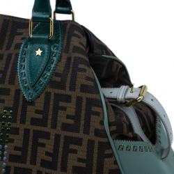 Pre Owned Fendi Tobacco Zucca and Green Trim Large Studded Du Jour Tote