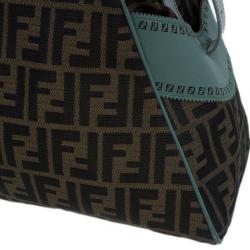 Pre Owned Fendi Tobacco Zucca and Green Trim Large Studded Du Jour Tote