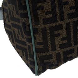 Pre Owned Fendi Tobacco Zucca and Green Trim Large Studded Du Jour Tote