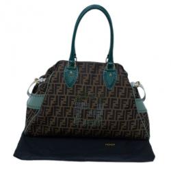Pre Owned Fendi Tobacco Zucca and Green Trim Large Studded Du Jour Tote
