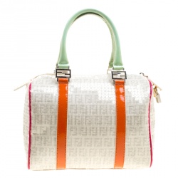 Fendi Beige/Multicolor Zucchino Sequin Canvas and Leather Bauletto Boston Bag
