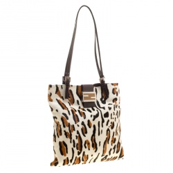 Pre Owned Fendi White Leopard Print Calfhair Shoulder Bag
