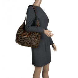 Pre Owned Fendi Brown/Black Leopard Print Canvas B Buckle Hobo