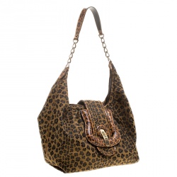 Pre Owned Fendi Brown/Black Leopard Print Canvas B Buckle Hobo