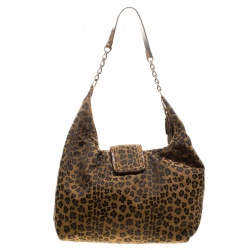Pre Owned Fendi Brown/Black Leopard Print Canvas B Buckle Hobo