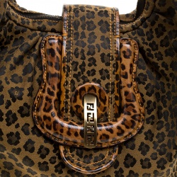 Pre Owned Fendi Brown/Black Leopard Print Canvas B Buckle Hobo