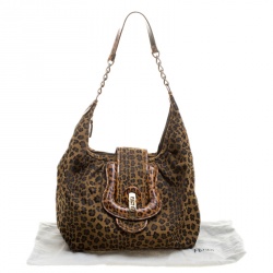 Pre Owned Fendi Brown/Black Leopard Print Canvas B Buckle Hobo