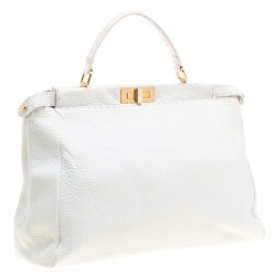 Pre Owned Fendi White Leather Large Peekaboo Top Handle Bag