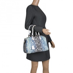 Pre Owned Fendi Blue /White Logo Print Canvas Boston Bag