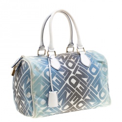 Pre Owned Fendi Blue /White Logo Print Canvas Boston Bag