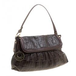 Pre Owned Fendi Dark Brown Zucca Embossed Leather Chef Shoulder Bag