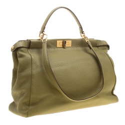 Pre Owned Fendi Green Selleria Leather Large Peekaboo Top Handle Bag
